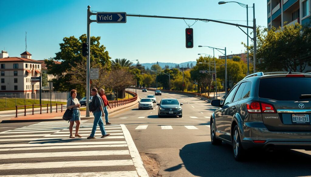 Fußgänger Zebrastreifen abknickende Vorfahrt Fußgänger Zebrastreifen abknickende Vorfahrt
