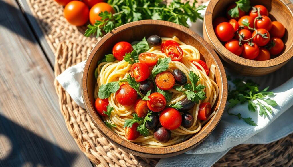 Mediterrane Zutaten Nudelsalat